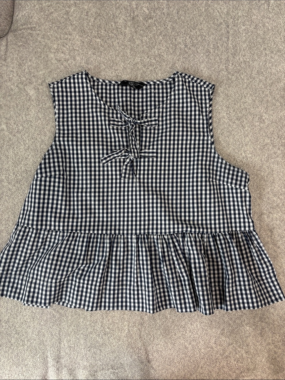 Gingham Tie-Front Peplum Top - Navy & White